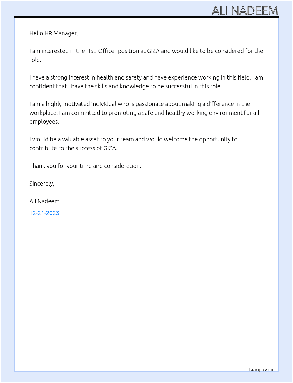HSE OFFICER At GIZA Cover Letter
