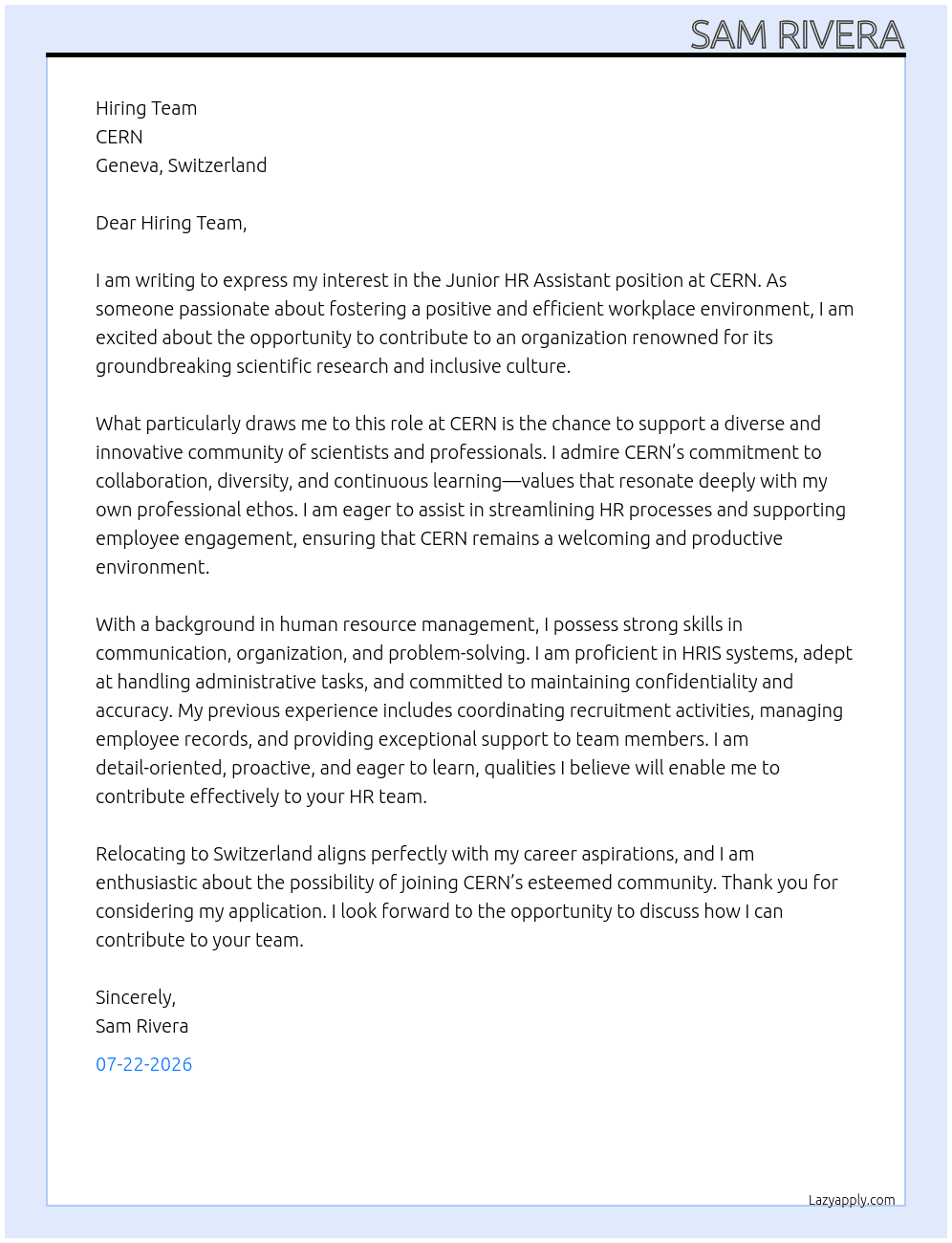 Cover letter for junior hr assistant - LazyApply