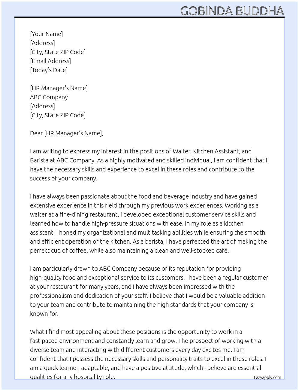 Cover letter for waiter, kitchen assistant, barista - LazyApply