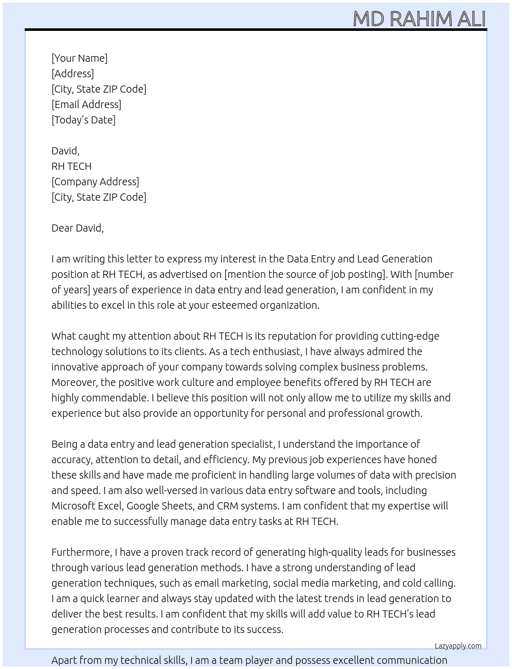 Data entry and lead generation At RH TECH Cover Letter