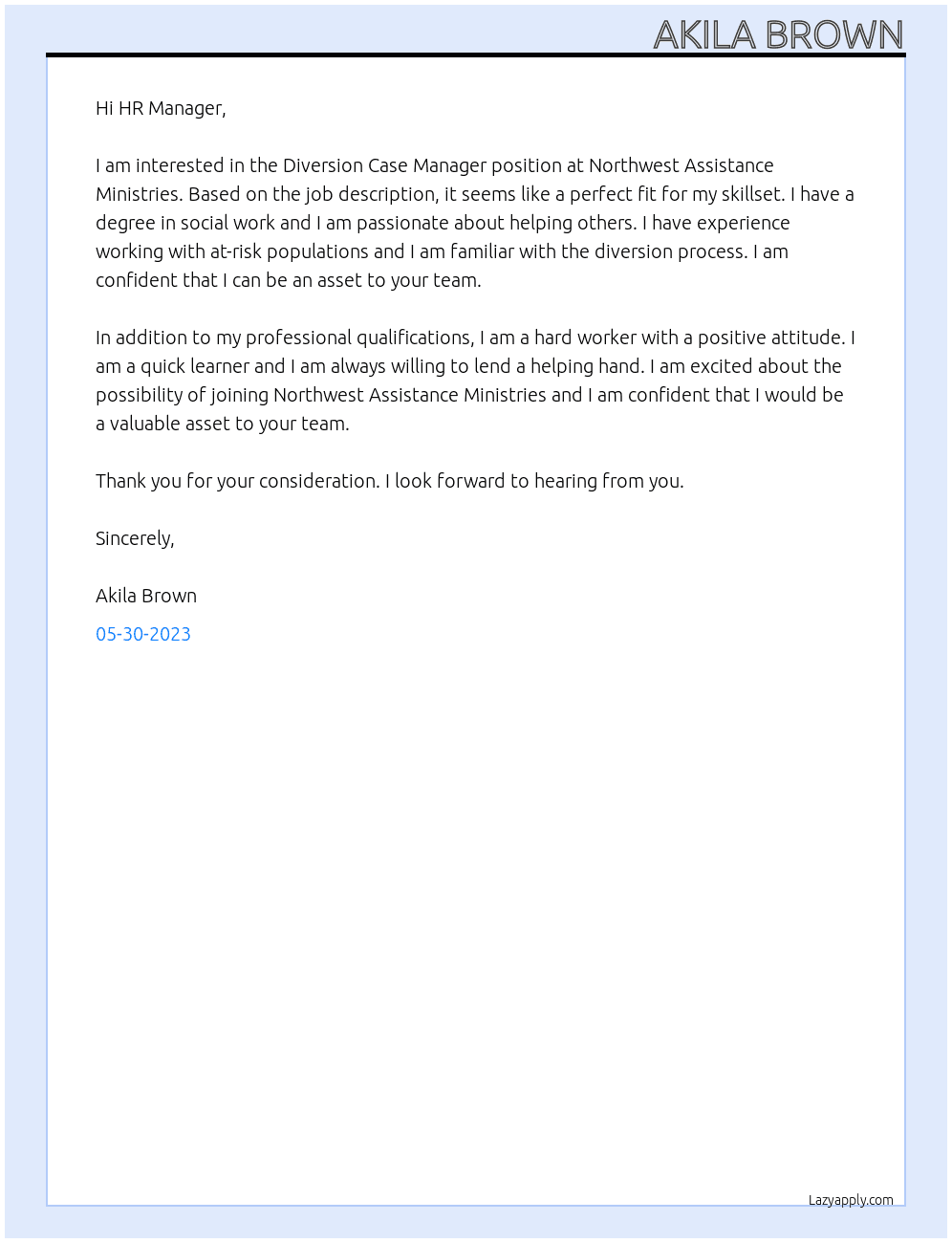 Diversion Case Manager At Northwest Assistance Ministries Cover Letter