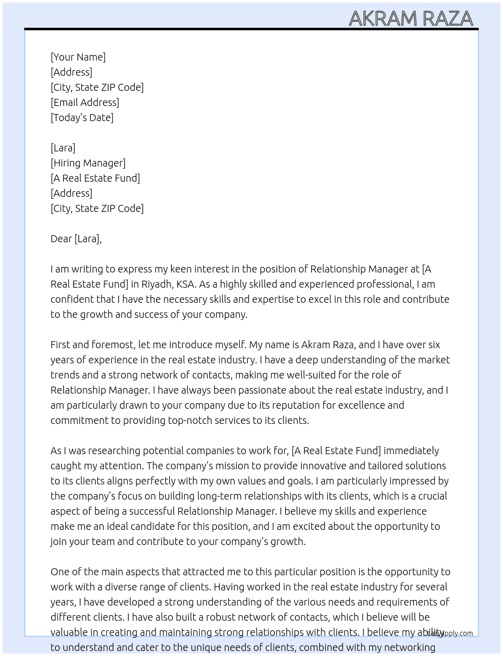 Relationship Manager  At a real estate fund Cover Letter