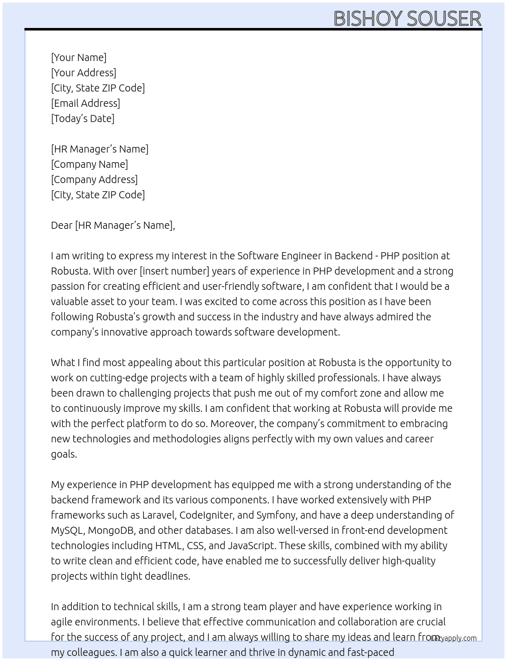 Cover letter for software engineer in backend - php - LazyApply