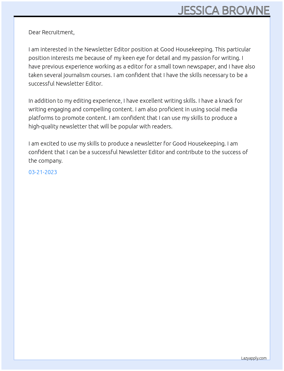 Newsletter Editor At Good Housekeeping Cover Letter
