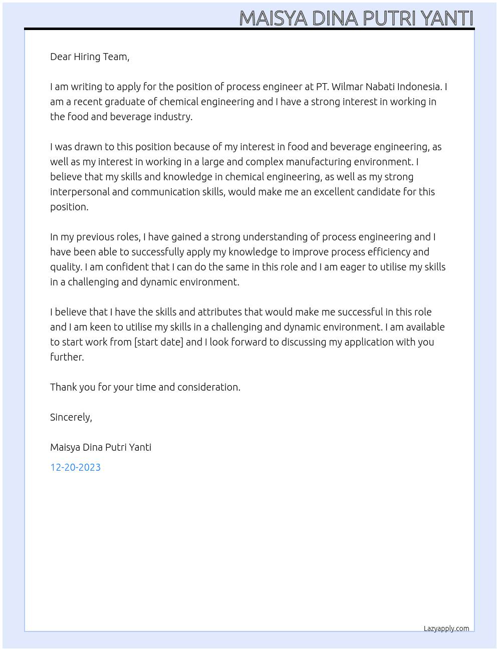 process engineer At PT. Wilmar Nabati Indonesia Cover Letter