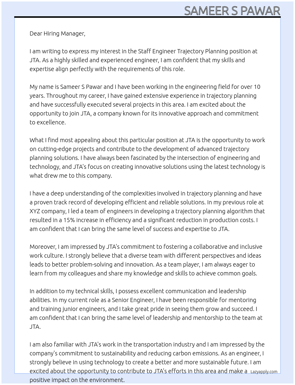 Staff Engineer Trajectory Planning At JTA Cover Letter