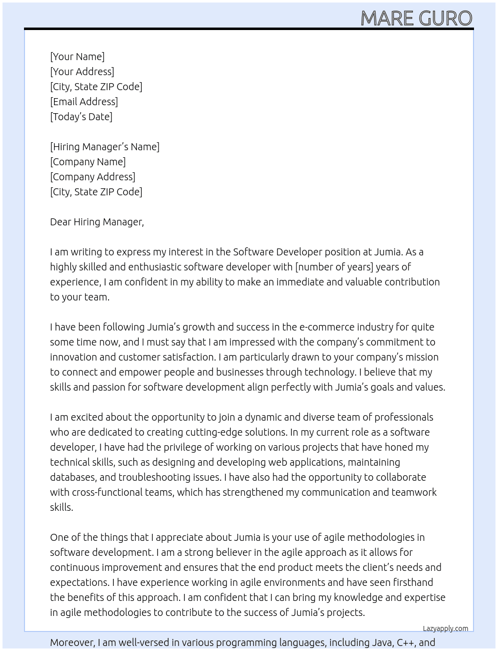 Software Developer At Jumia Cover Letter