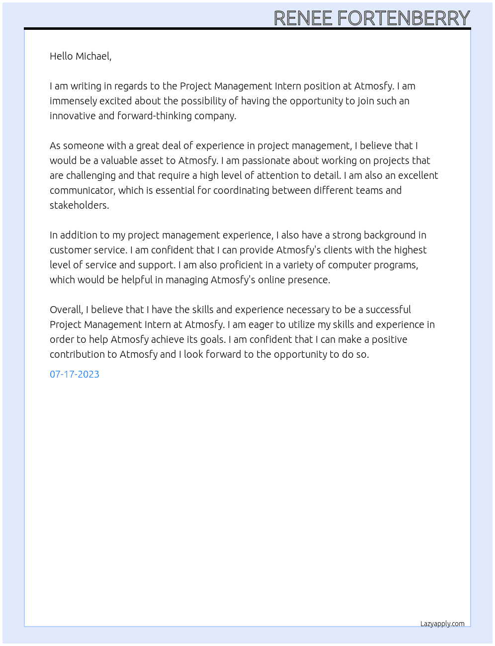  Project Management Intern At Atmosfy Cover Letter