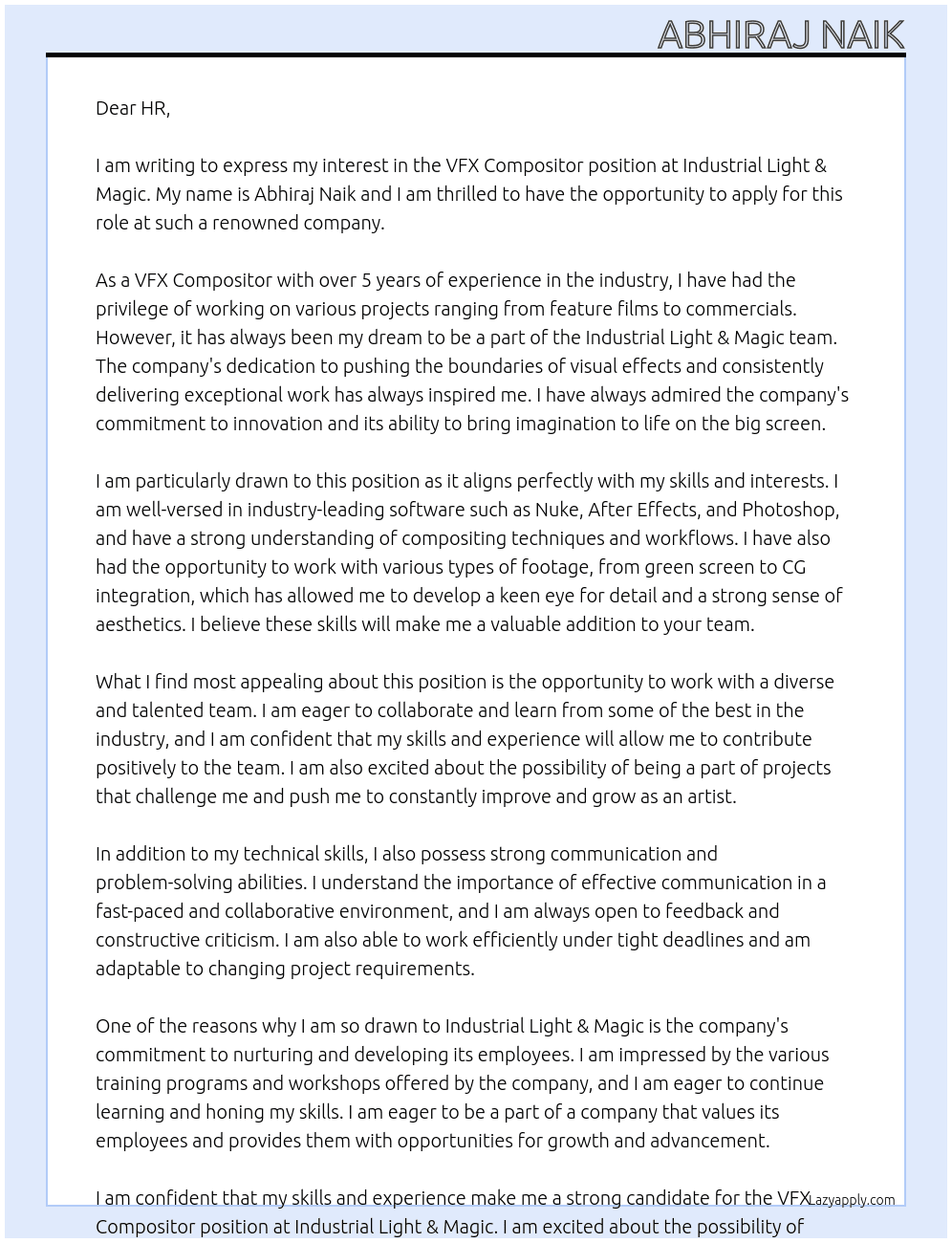 VFX Compositor At Industrial light & magic Cover Letter