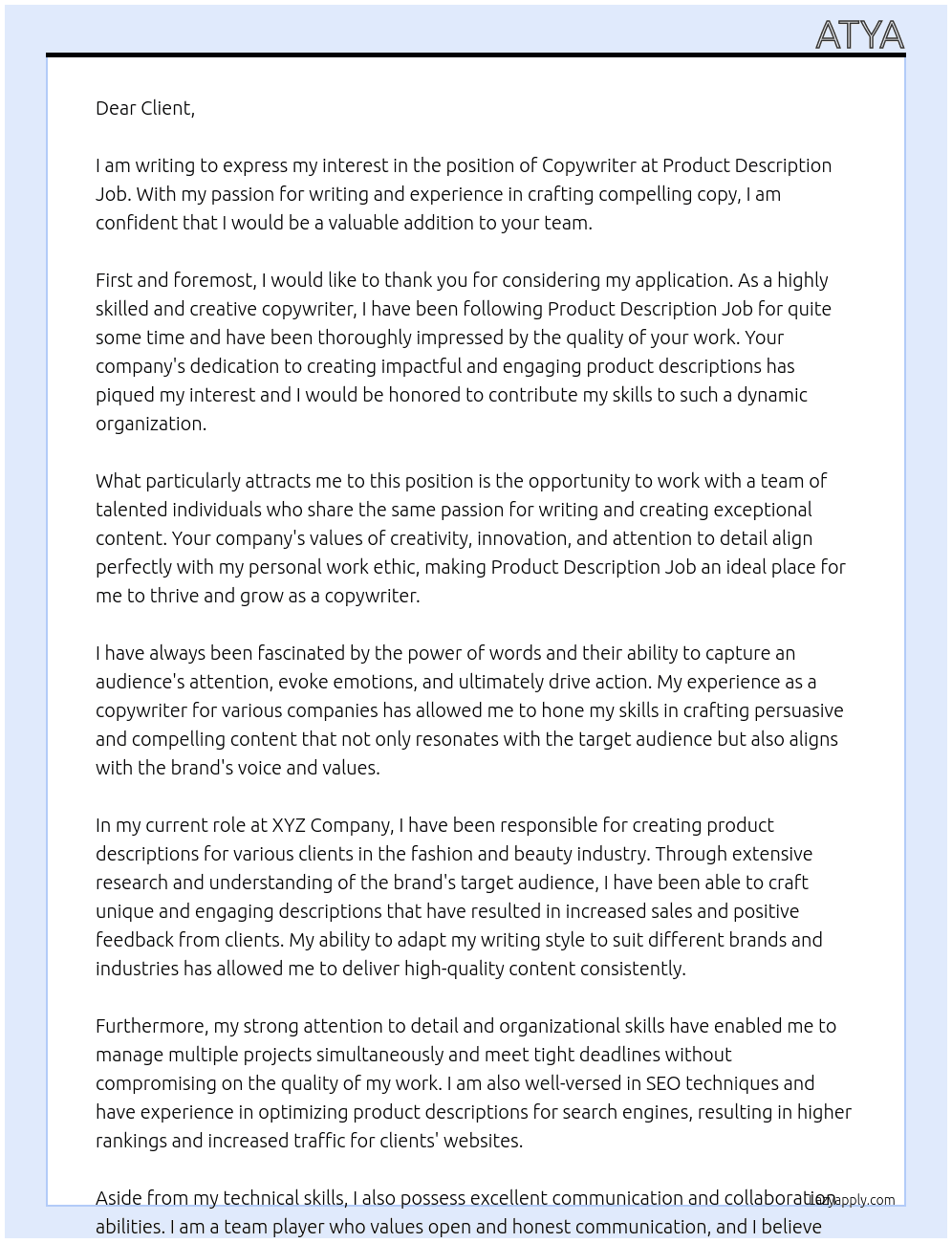 copywriter At Product description job Cover Letter
