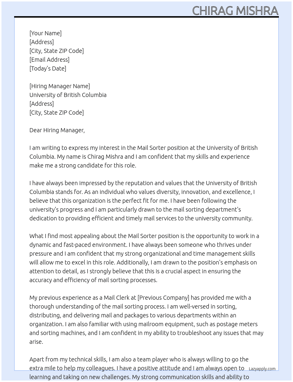Mail Sorter At University of British Columbia Cover Letter