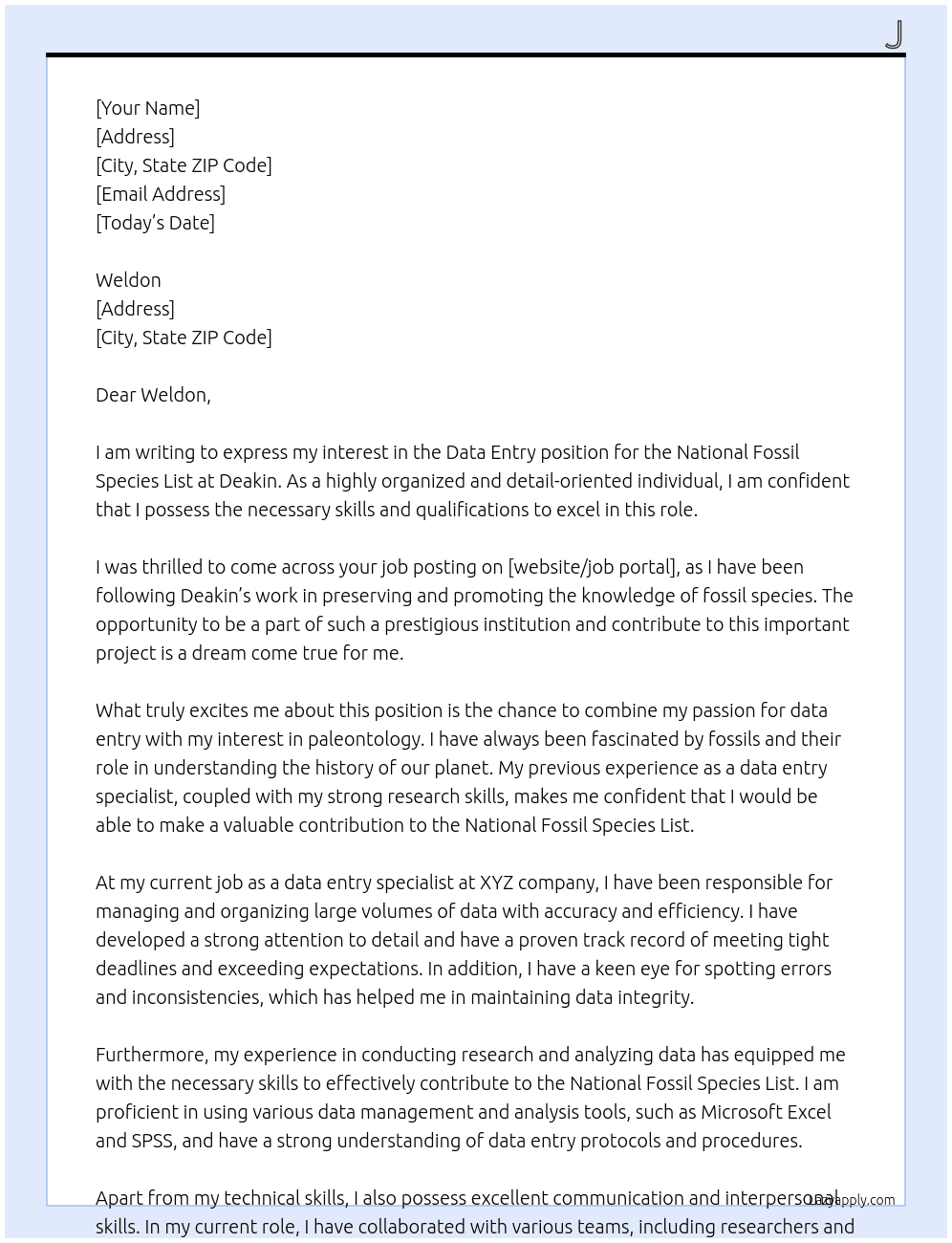 Data Entry For National Fossil Species List At Deakin Cover Letter