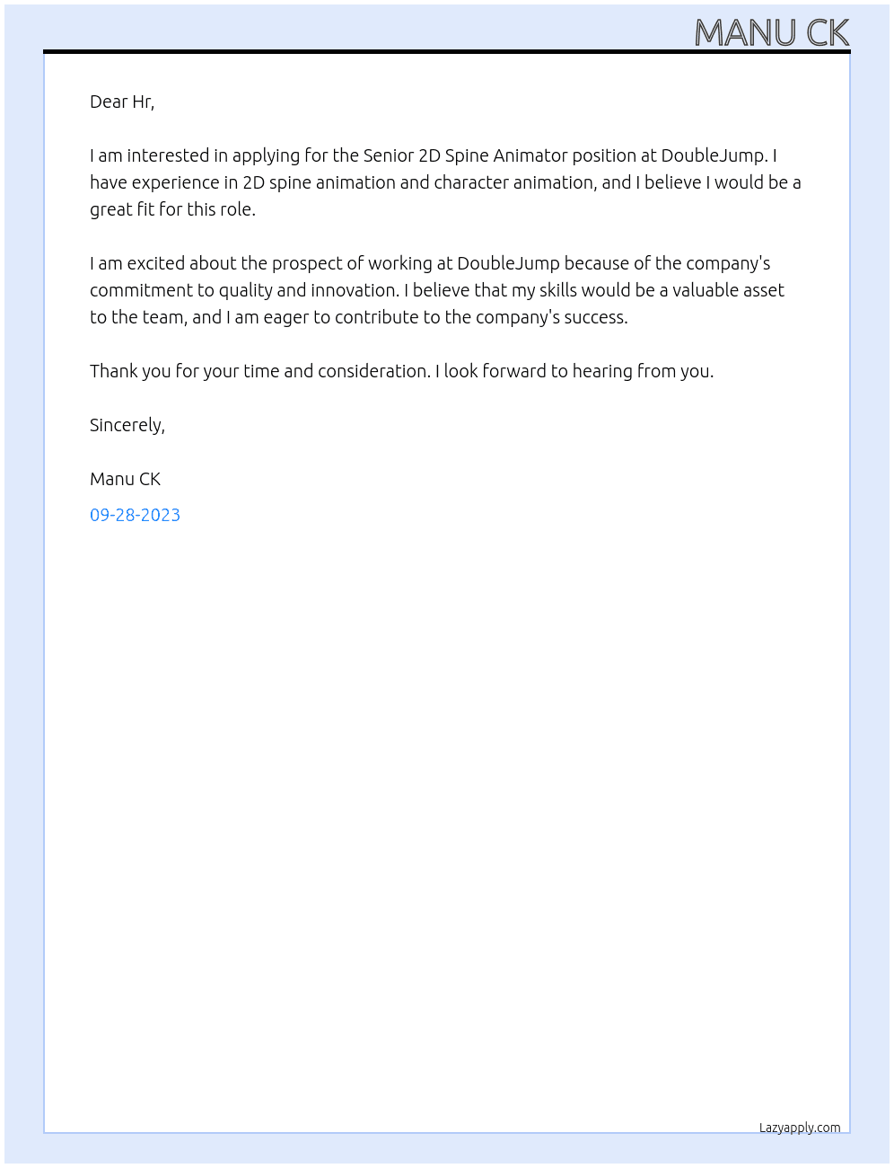 Senior 2d spine Animator At DoubleJump Cover Letter