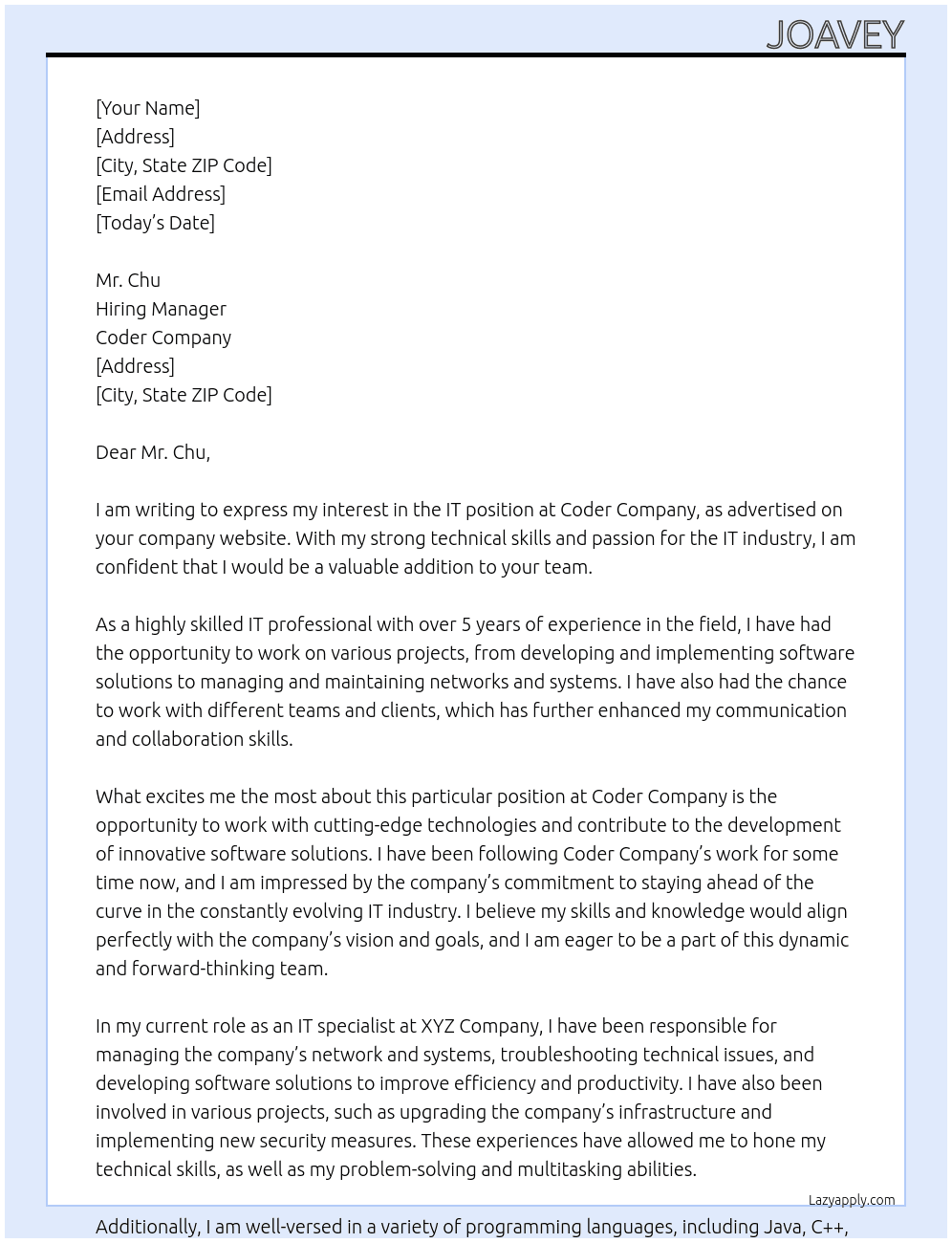 IT At Coder Company Cover Letter