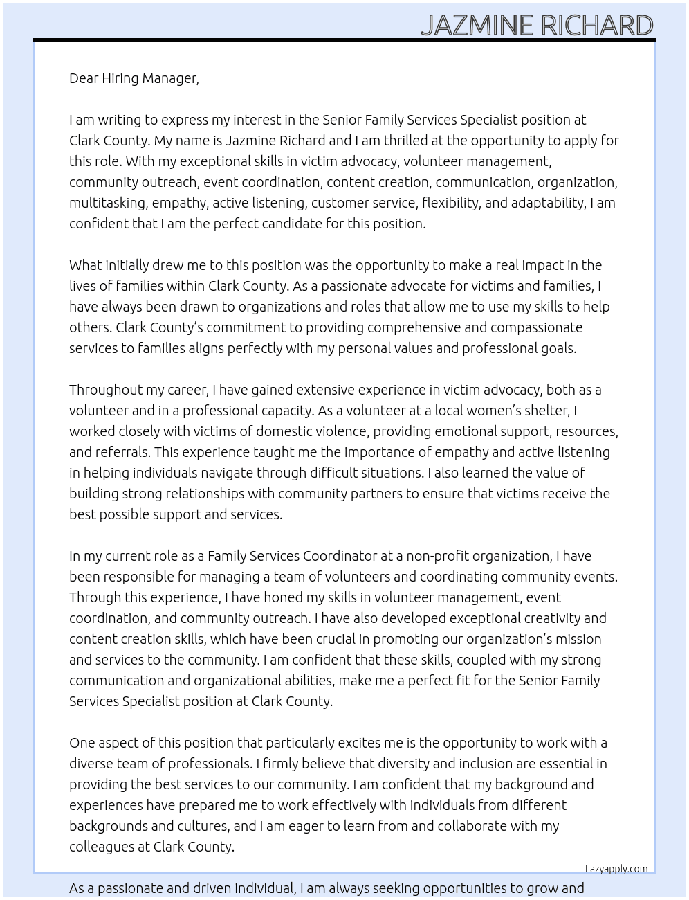 SENIOR FAMILY SERVICES SPECIALIST At Clark County Cover Letter