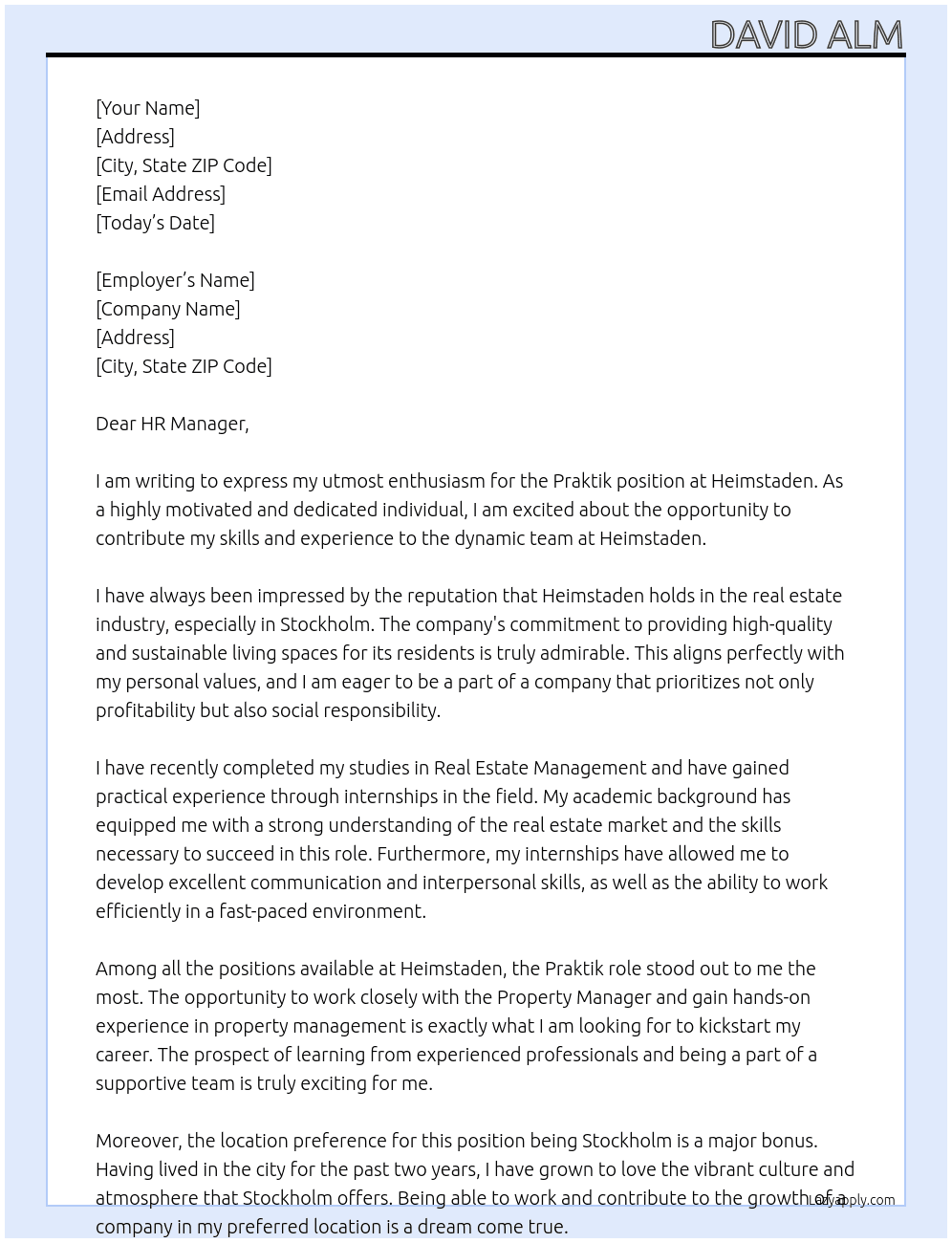 Praktik  At Heimstaden Cover Letter