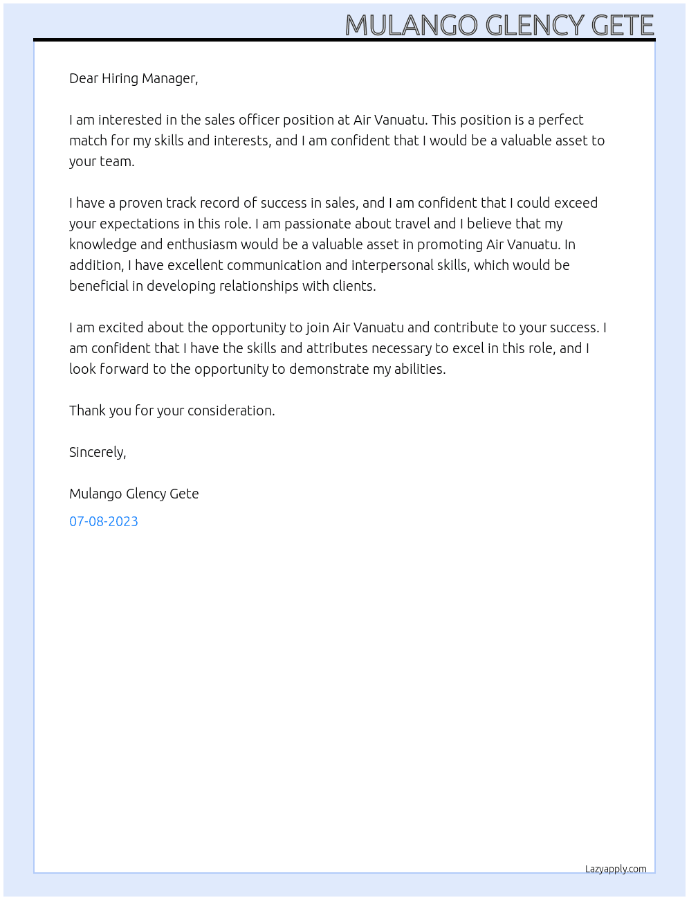 sales officer At Air Vanuatu Cover Letter
