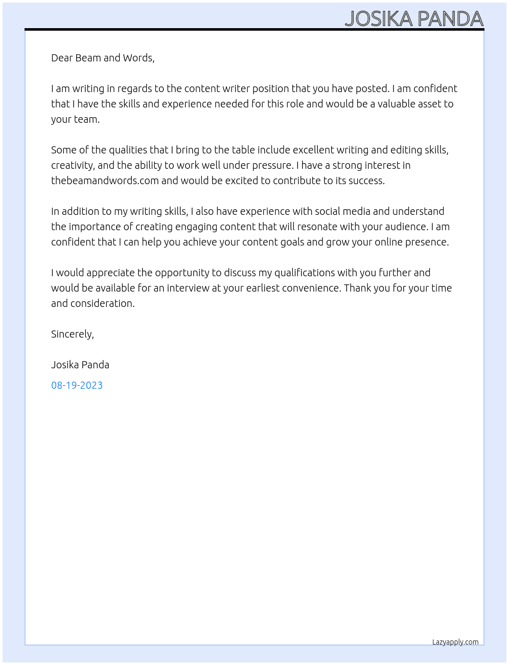 Content Writer  At Beam and Words Cover Letter