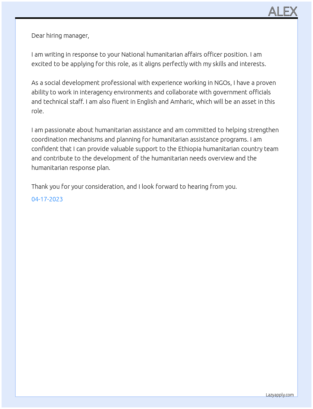 National humanitarian affairs officer  At OH Cover Letter
