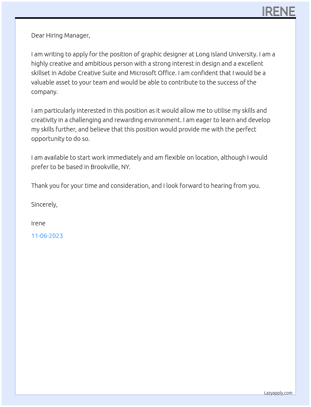 graphic designer At Long Island University Cover Letter