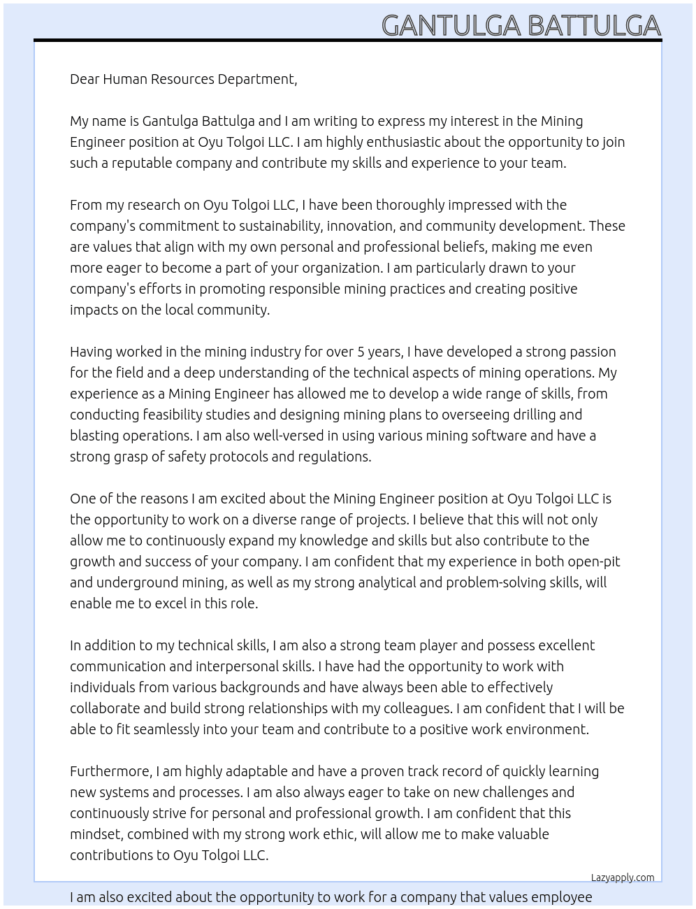 Mining engineer At Oyu Tolgoi LLC Cover Letter