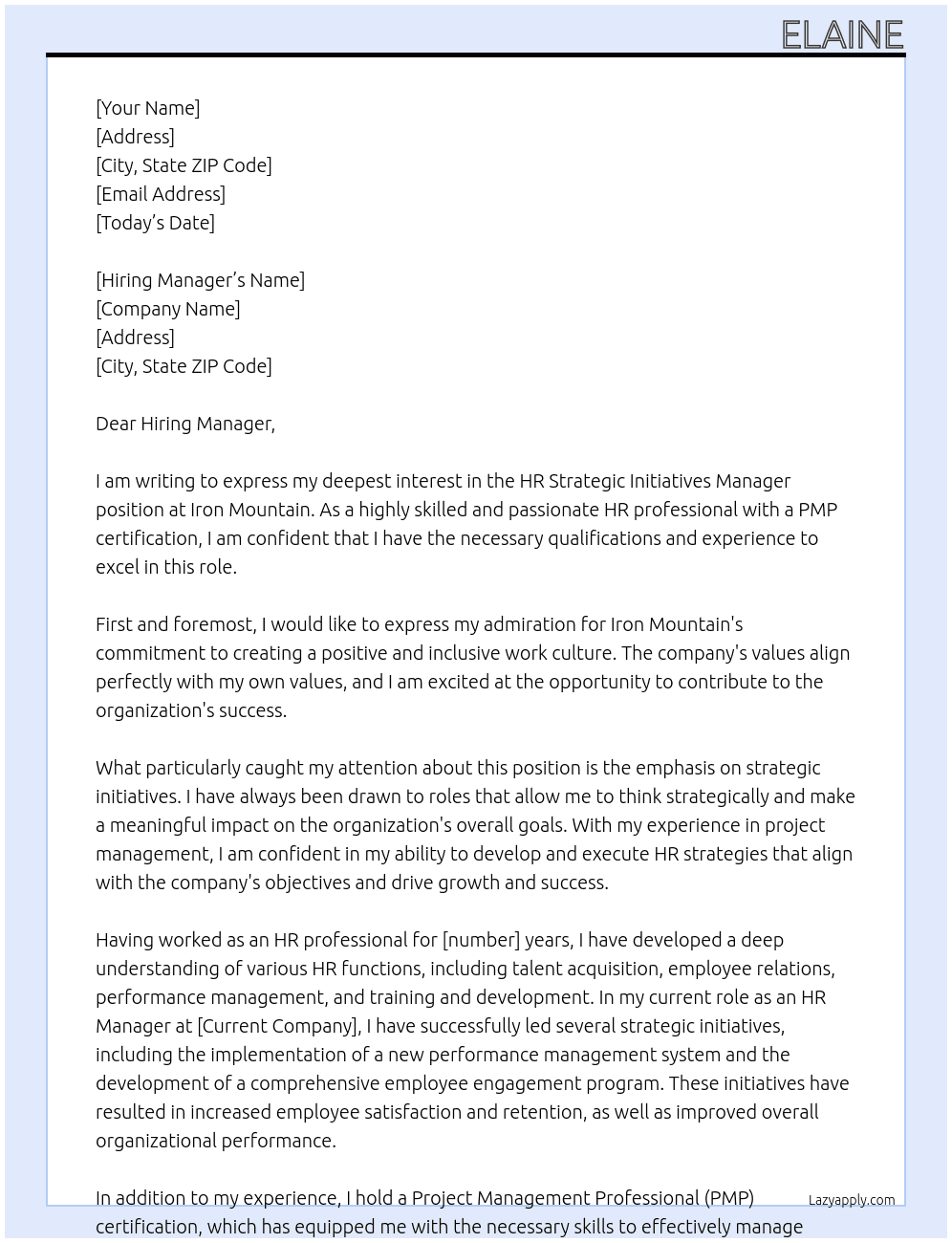 HR Strategic Initiatives Manager At Iron Mountain Cover Letter