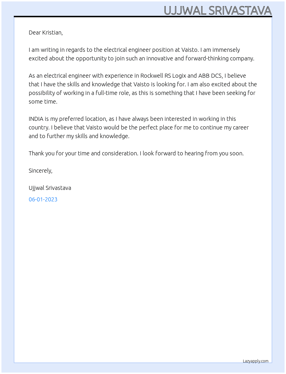 Electrical Engineer At VAISTO Cover Letter