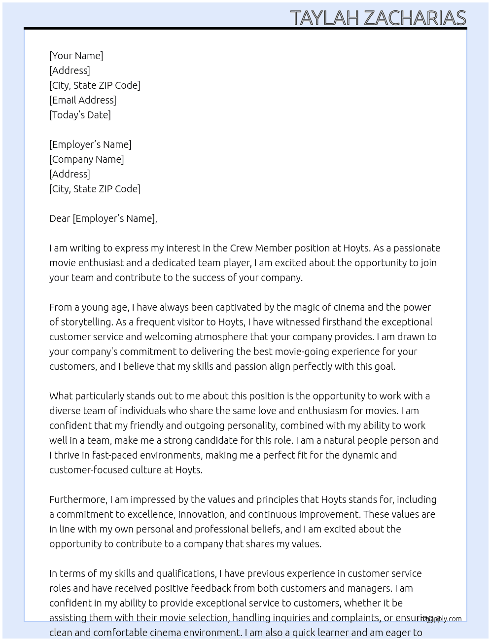 Crew member At hoyts Cover Letter