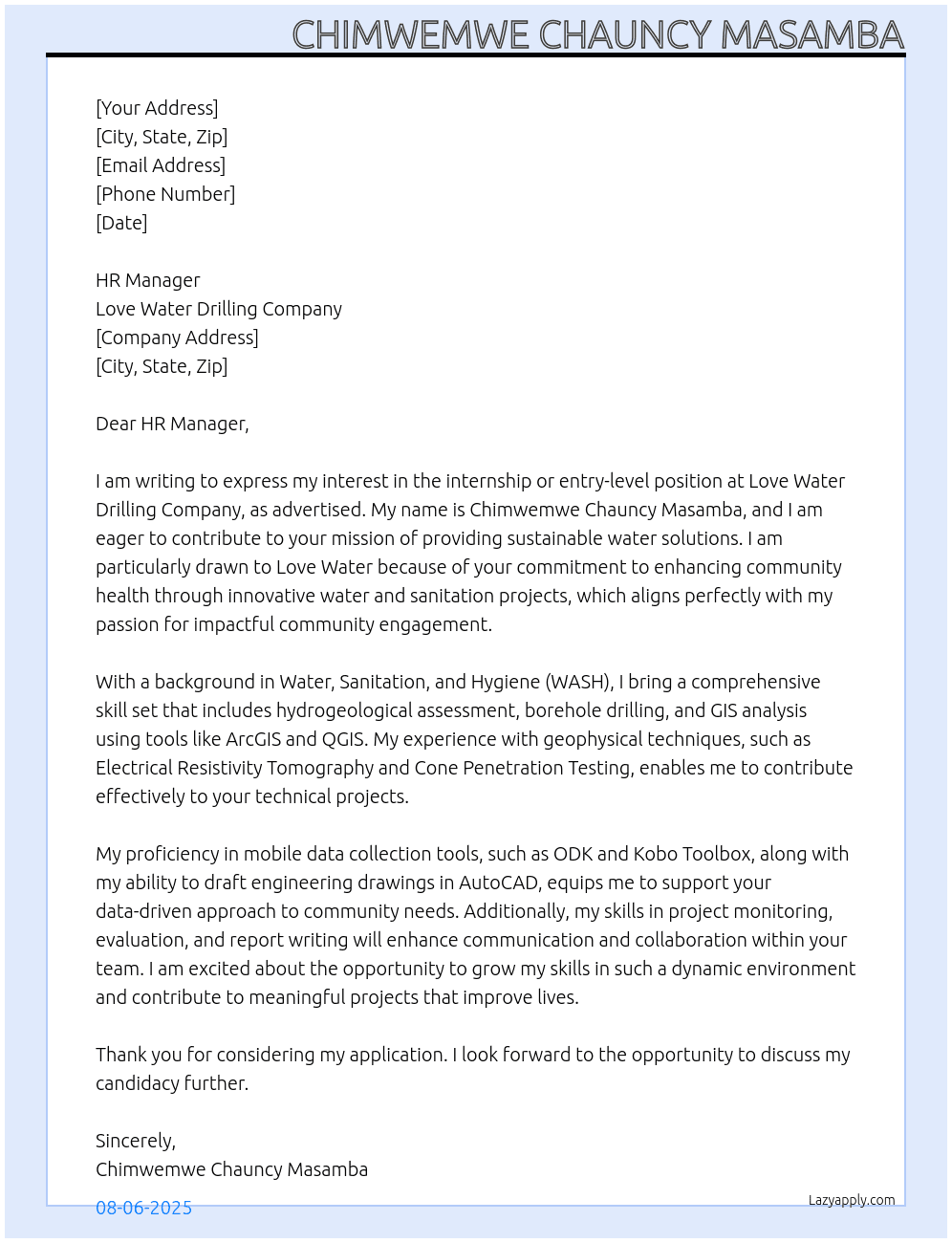 Internship or entery- level position At love water drilling conmpany  Cover Letter