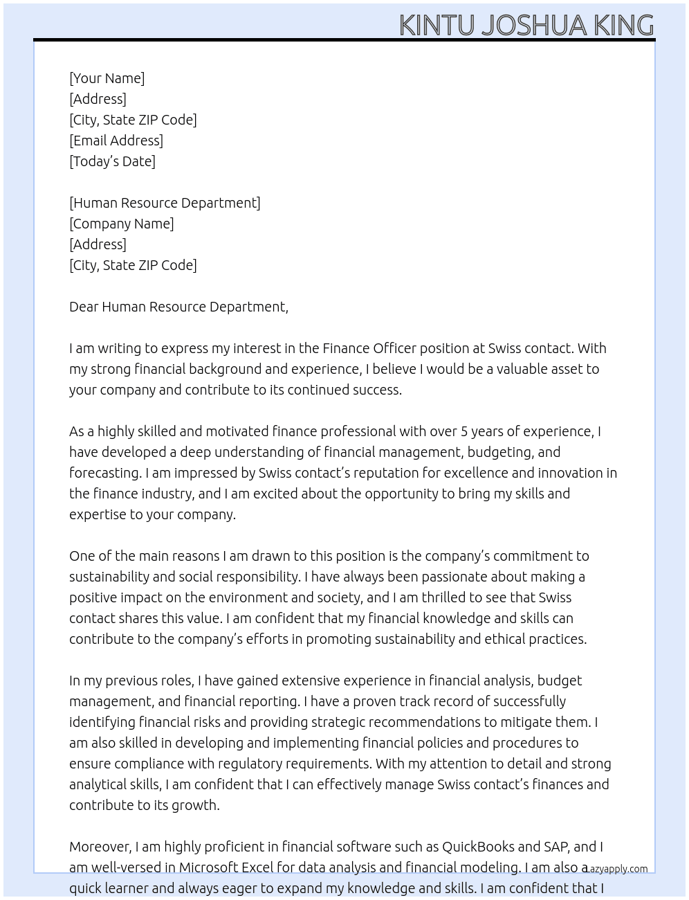 Finance officer At Swiss contact Cover Letter