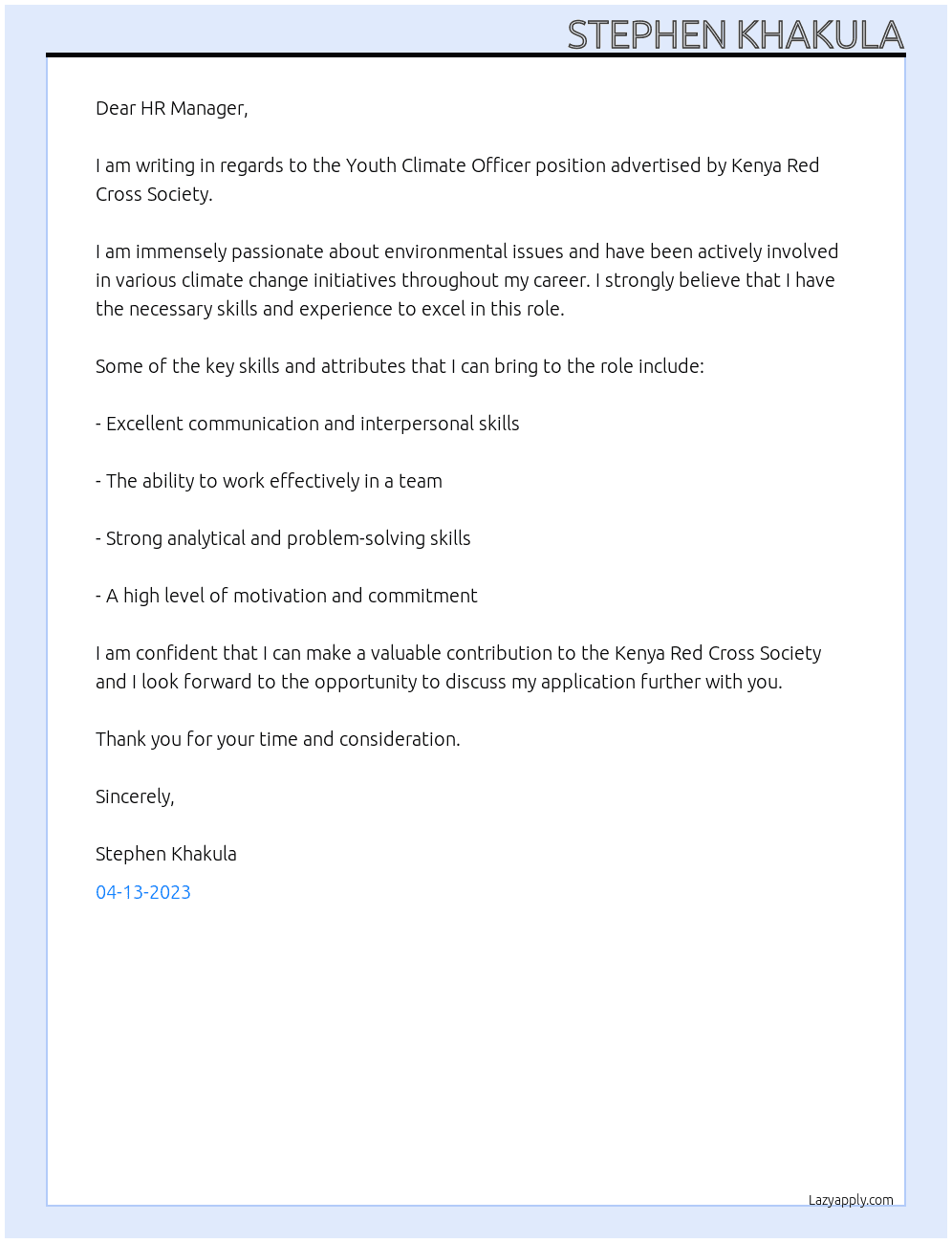 Youth Climate Officer At Kenya Red Cross Society Cover Letter
