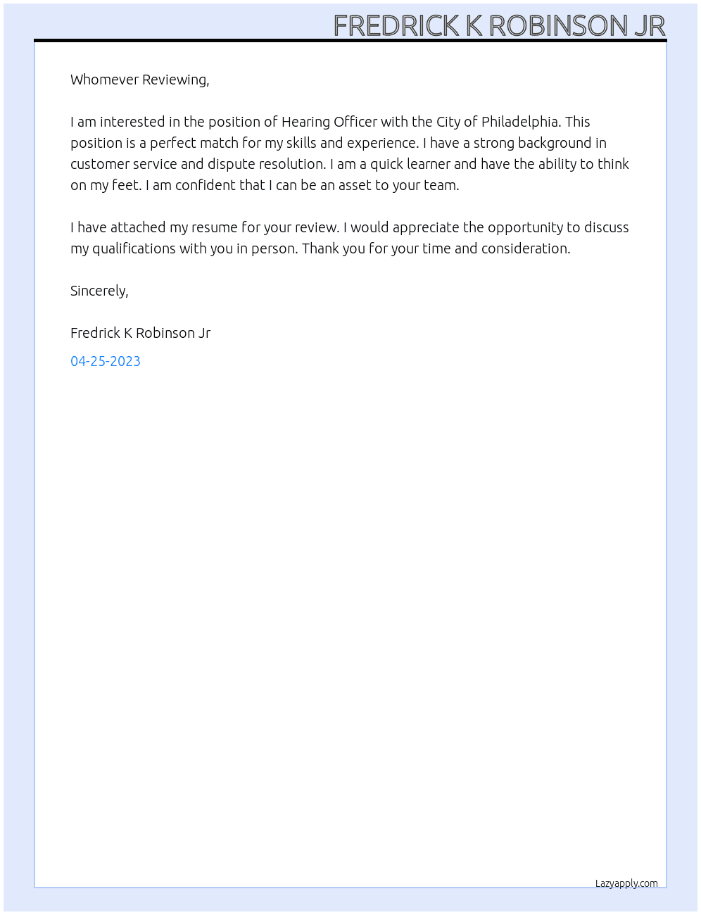 Hearing Officer At City of Philadelphia  Cover Letter