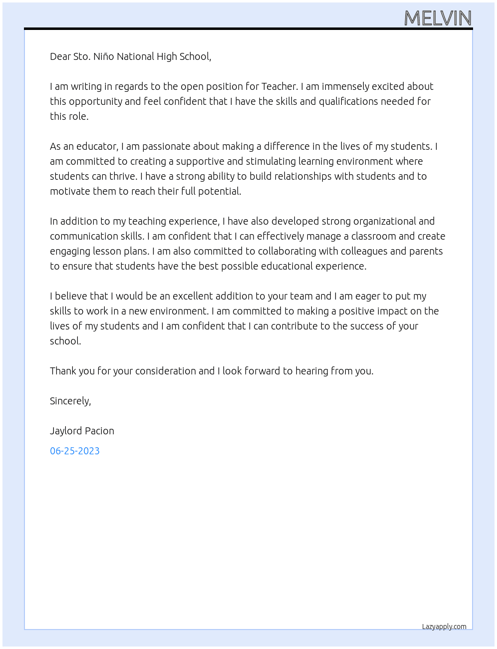 Teacher  At Sto. Niño National High School  Cover Letter