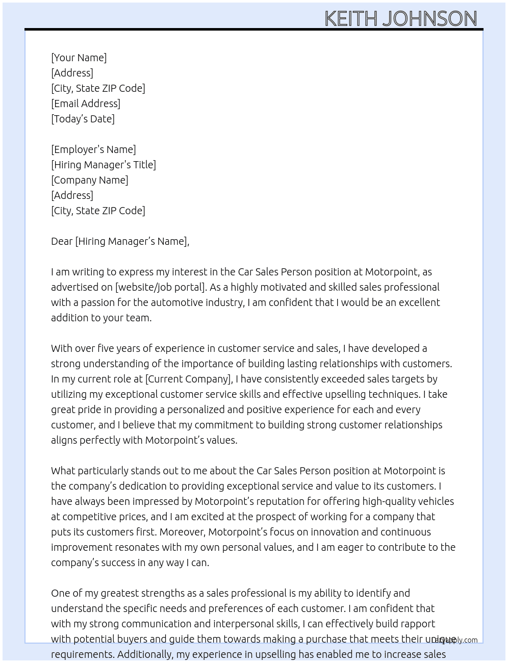 Car sales person  At Motorpoint Cover Letter