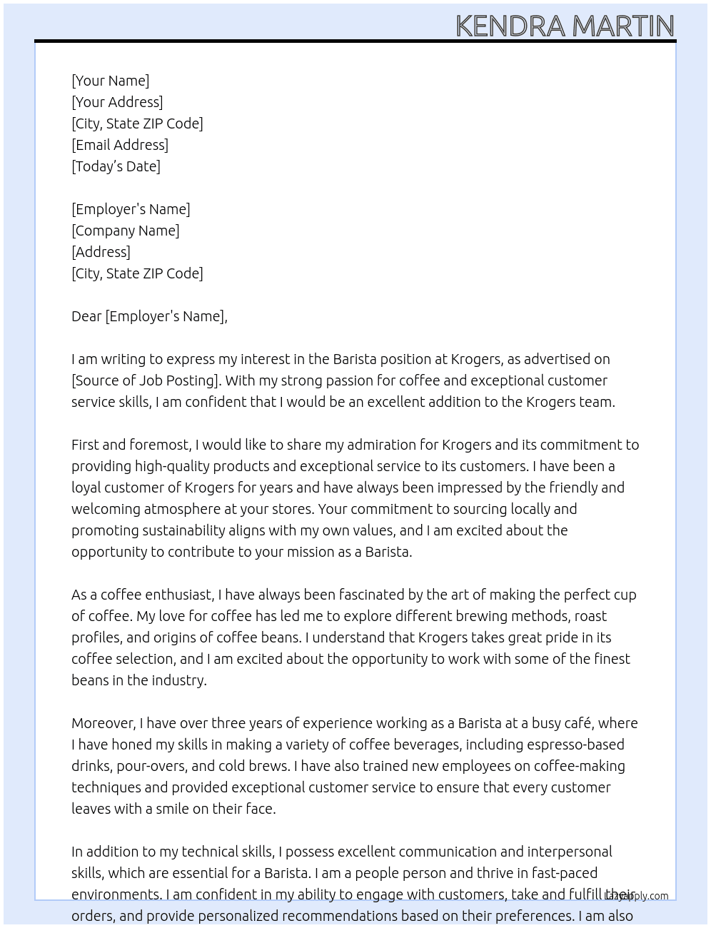 Barista  At Krogers Cover Letter