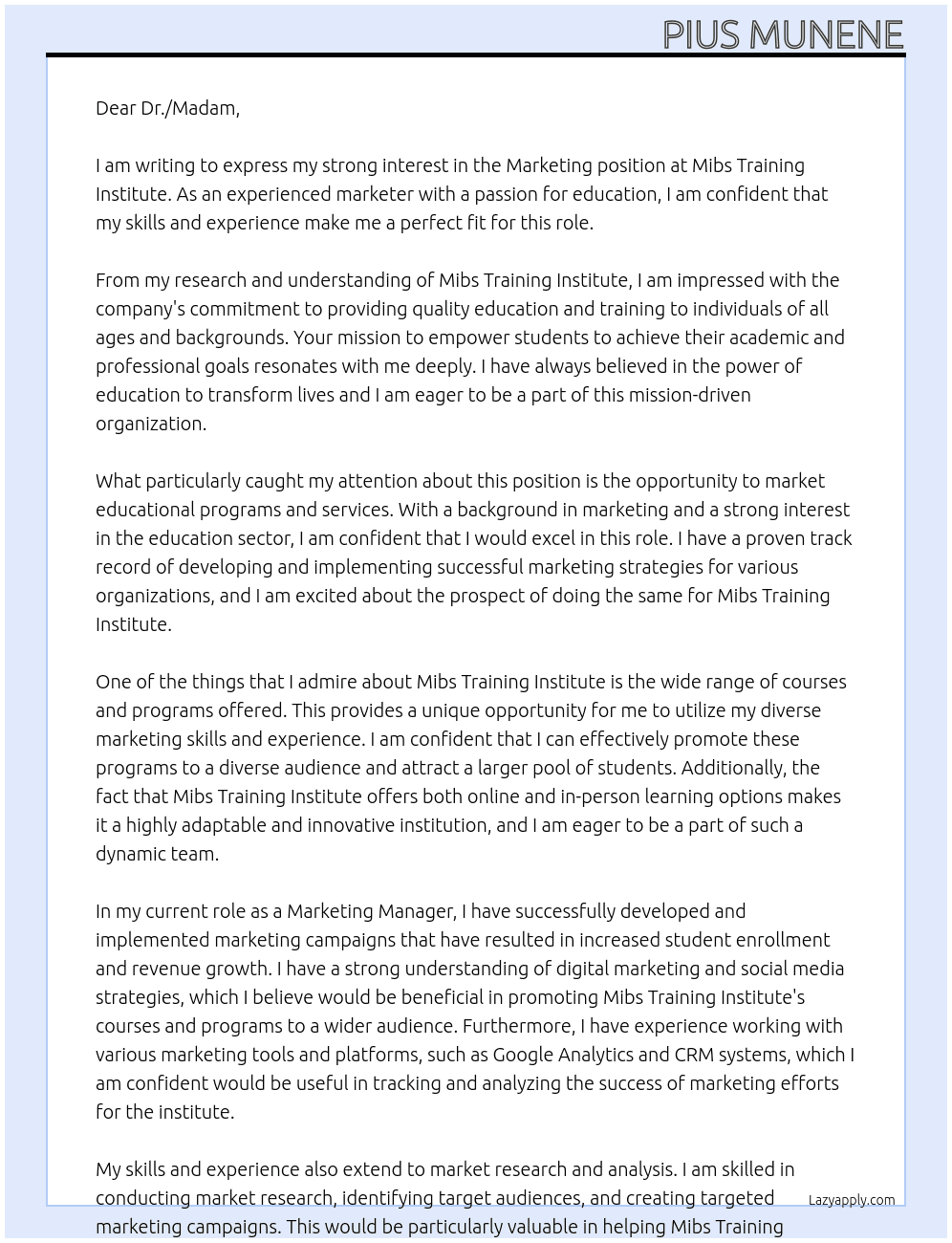 Marketing At Mibs training institute Cover Letter
