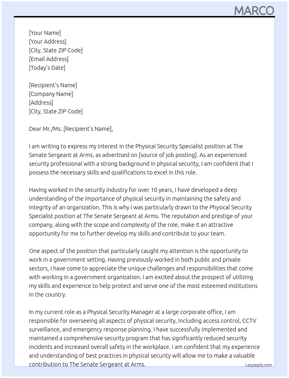 Physical Security Specialist At The Senate Sergeant at Arms Cover Letter
