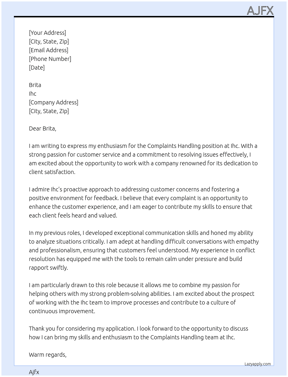 Complaints handling  At Ihc Cover Letter
