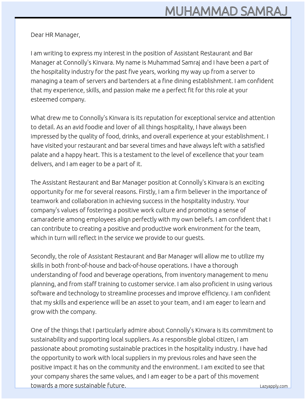 Assistant Restaurant and Bar Manager At Connolly's Kinvara Cover Letter