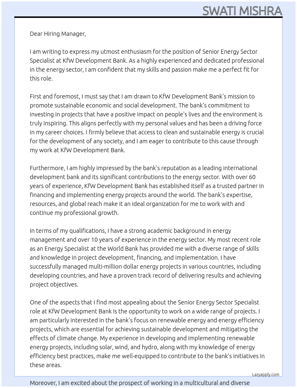 Senior Energy Sector Specialist At KfW Development Bank Cover Letter