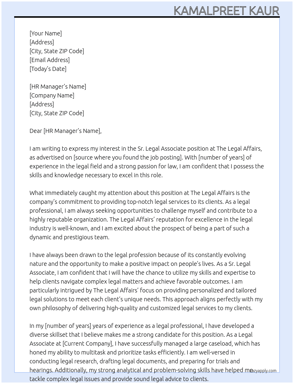 Sr. Legal Associate At The Legal Affairs Cover Letter