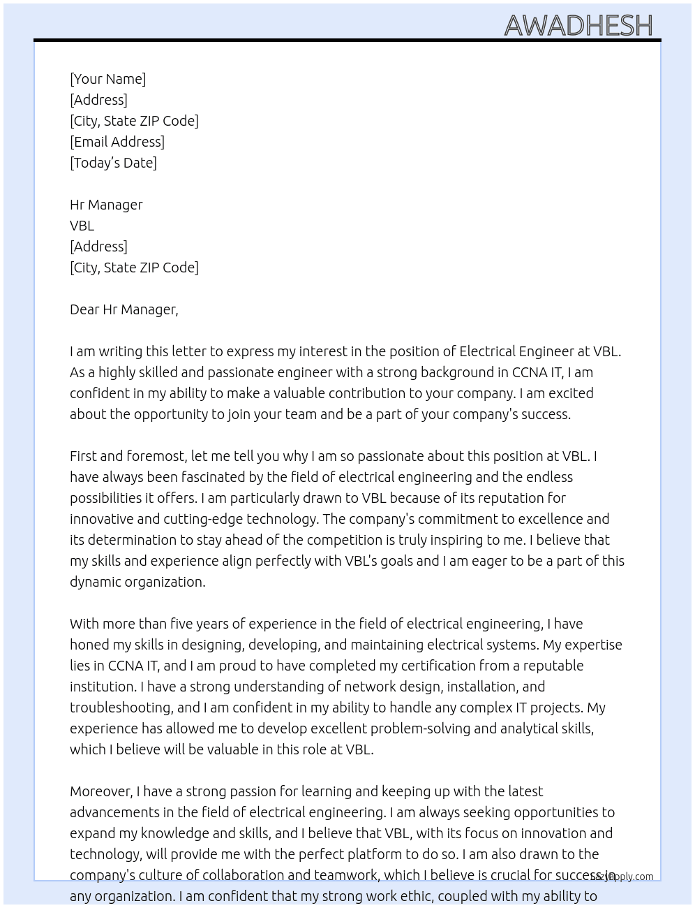 Electrical Engineer  At VBL Cover Letter