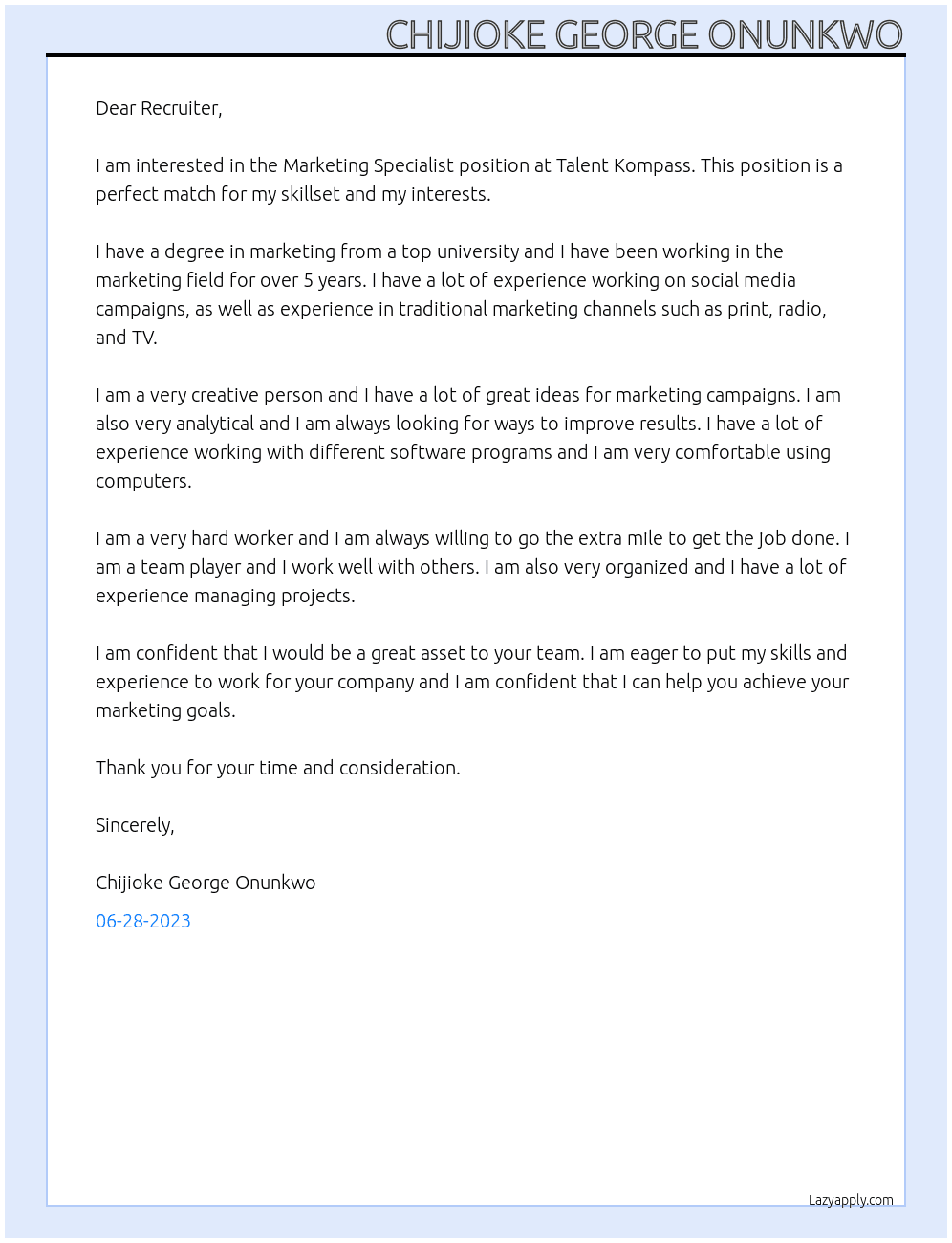 Marketing Specialist At Talent Kompass Cover Letter
