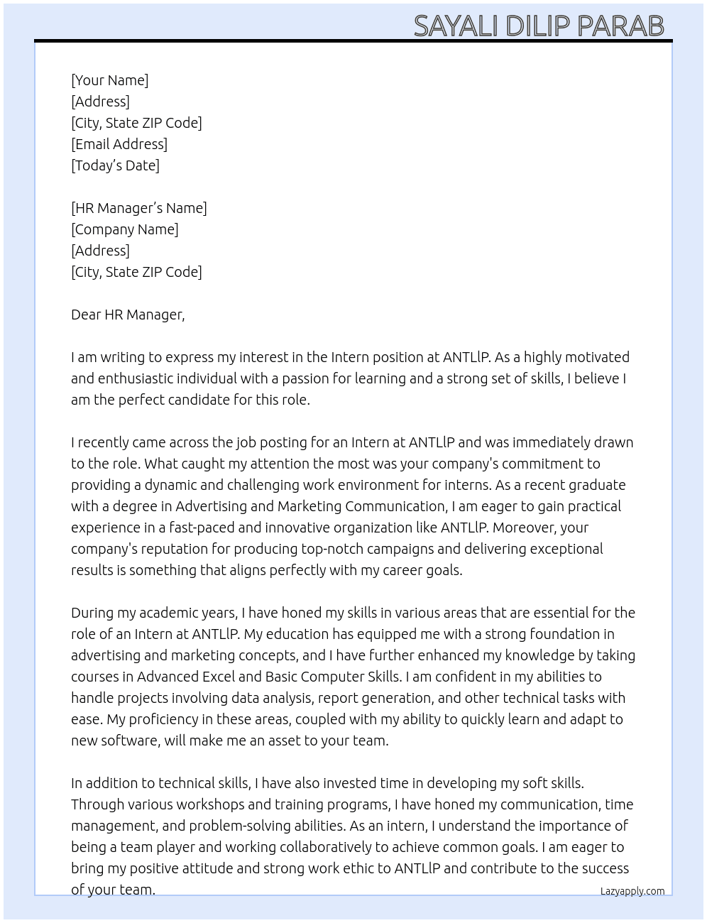 Intern  At ANTLlP Cover Letter