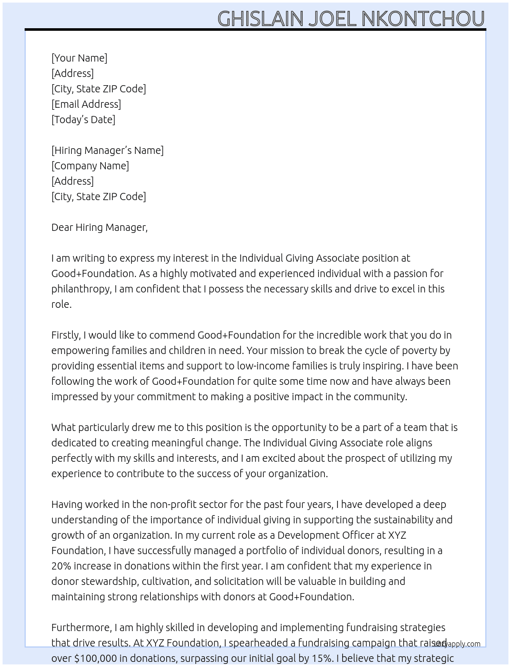 Individual Giving Associate At Good+Foundation Cover Letter
