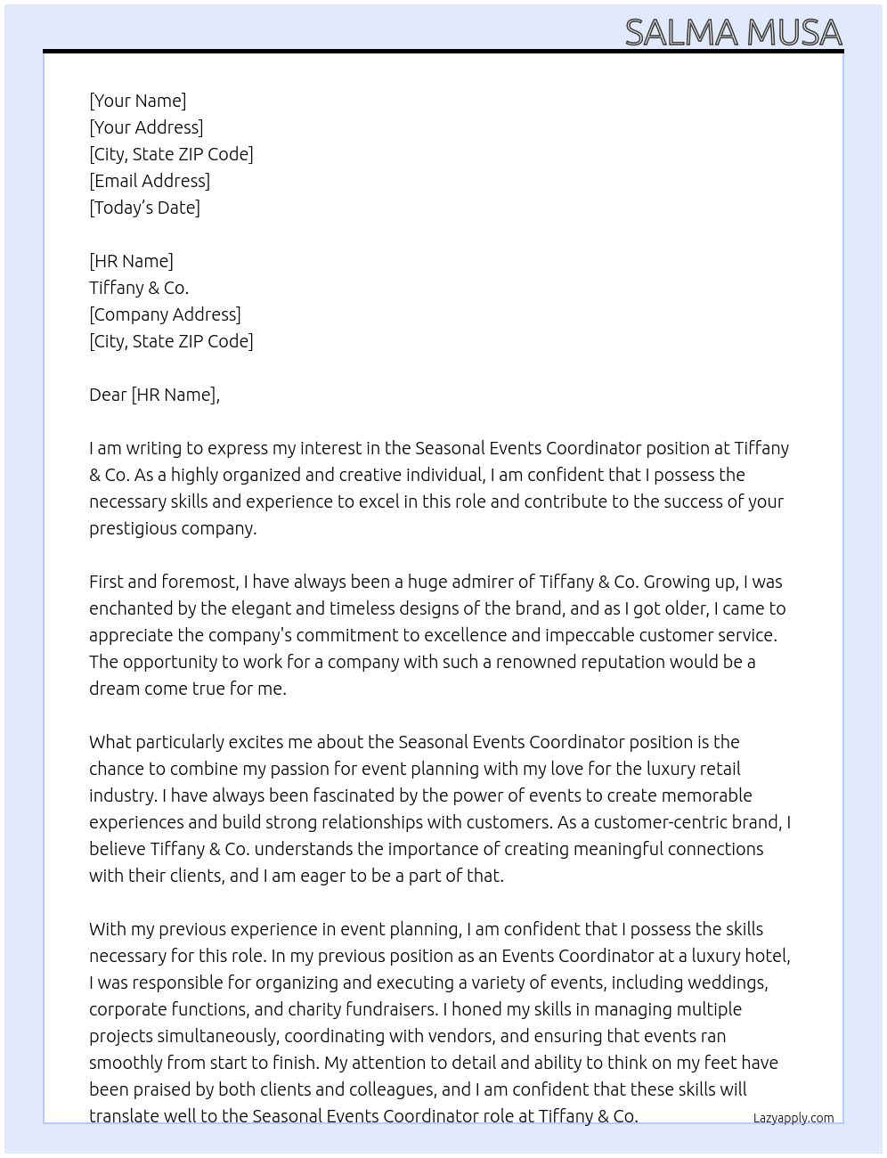 Cover letter for seasonal events coordinator - LazyApply