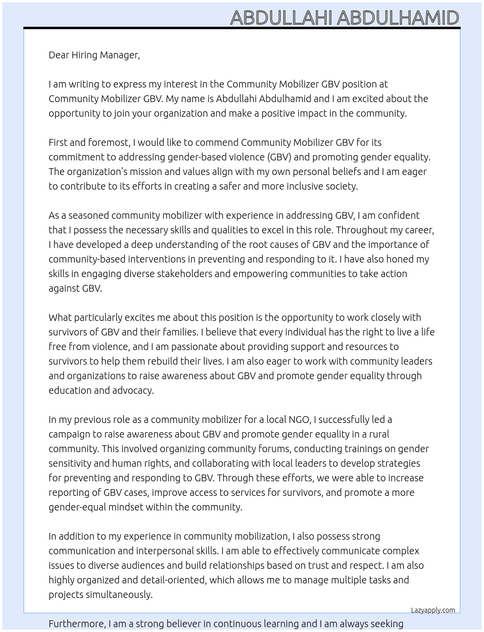 Community Mobilizer GBV At Community Mobilizer GBV Cover Letter