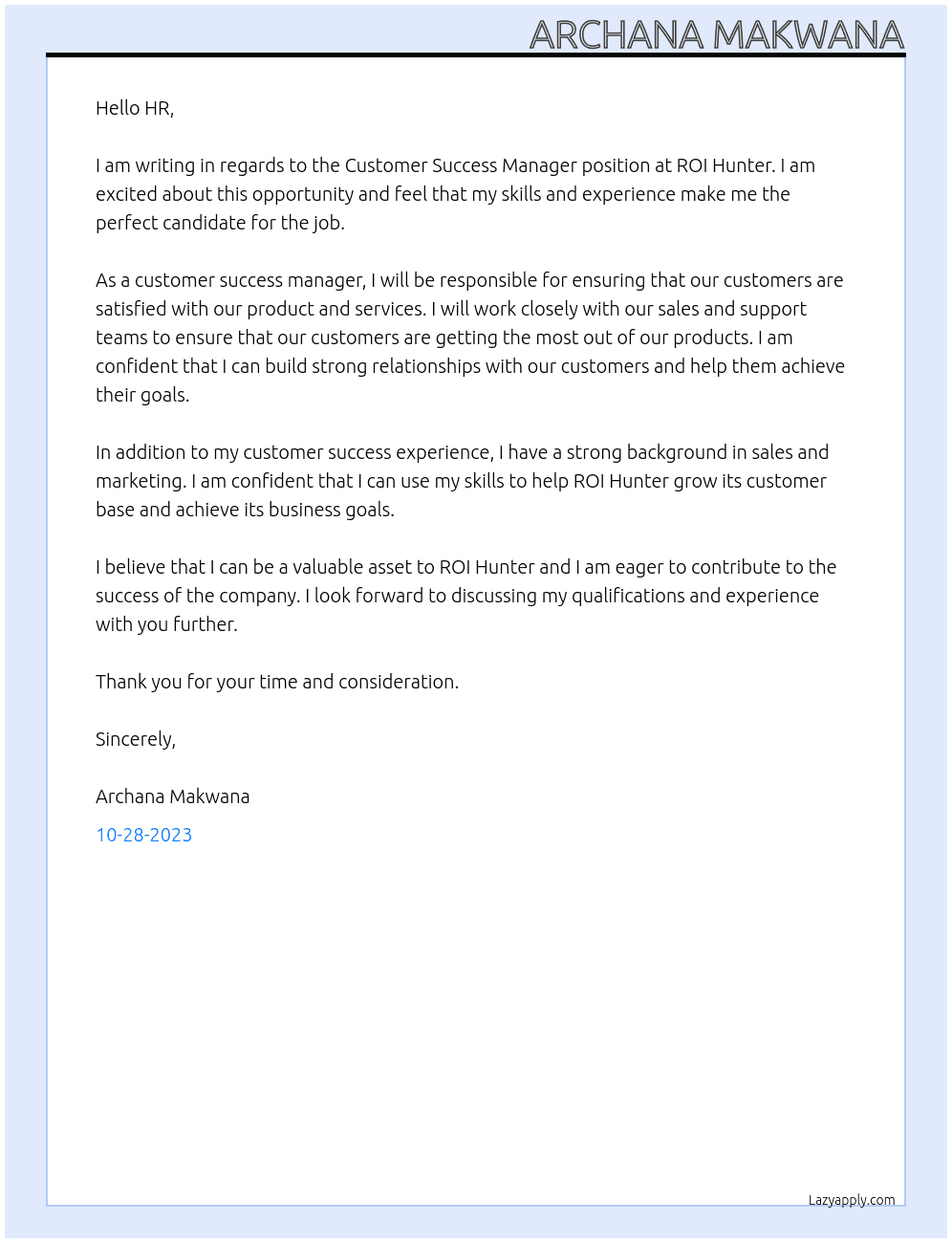 Customer Success Manager At ROI Hunter Cover Letter