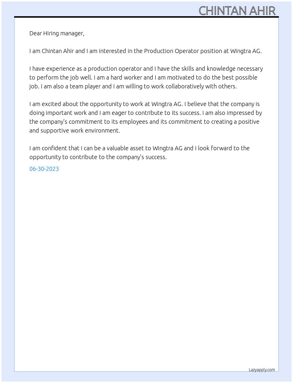 Production Operator At Wingtra AG Cover Letter