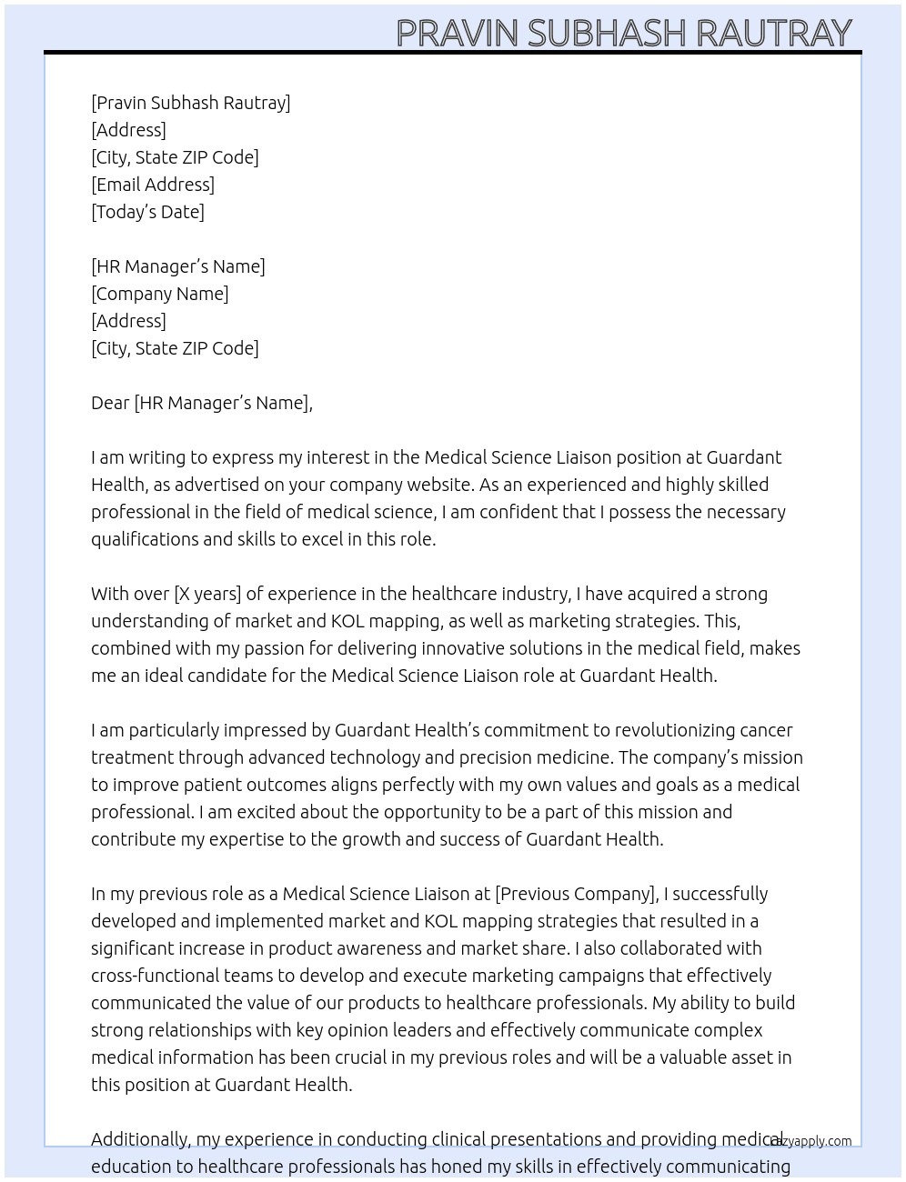 Medical science liason  At Guardant health Cover Letter